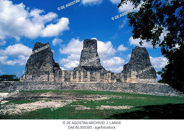 Structure I with its three towers, Rio Bec style, Xpuhil or Xpujil, Campeche, Mexico. Mayan civilisation, 7th-10th century