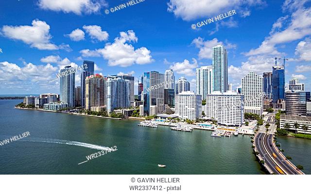 View from Brickell Key, a small island covered in apartment towers, towards the Miami skyline, Miami, Florida, United States of America, North America