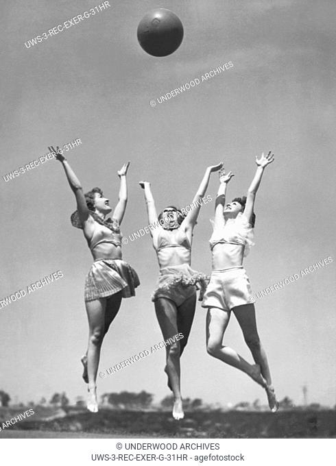 San Diego, California: August 29, 1935. Beauty contest winners at the Miss America show at the California Pacific International Exposition take time from their...