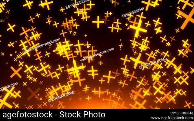 Many gold crosses are in space, 3d rendering background, golden explosion of particles, computer generated backdrop