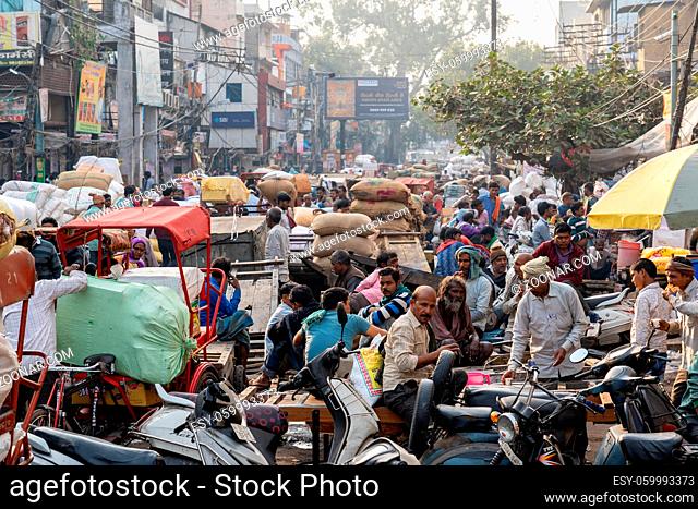 Old Delhi, India - December 4, 2019: A busy street at the Spice Market Khari Baoli in Old Delhi