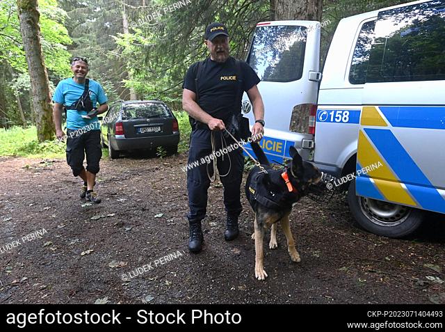 Mountain service dog handlers practiced searching for people in mountain terrain around Loucna nad Desnou in the Jeseniky Mountains, Czech Republic, July 14
