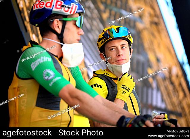 Belgian Wout Van Aert of Team Jumbo-Visma and Slovenian Tadej Pogacar of UAE Team Emirates pictured at the start of stage fifteen of the Tour de France cycling...