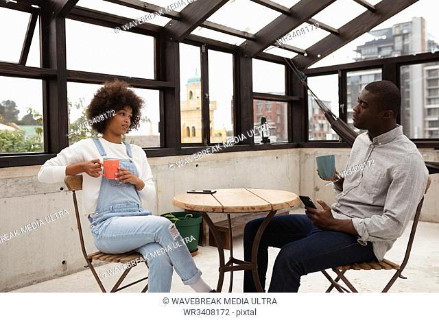 Side view of a young mixed race woman and a young African American man sitting at a table drinking coffee and talking in a glass roofed room on a rooftop