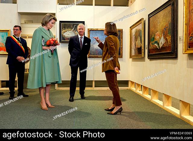 Oostende mayor Bart Tommelein, Queen Mathilde of Belgium and King Philippe - Filip of Belgium pictured during a royal visit to the exhibition 'Rose, Rose