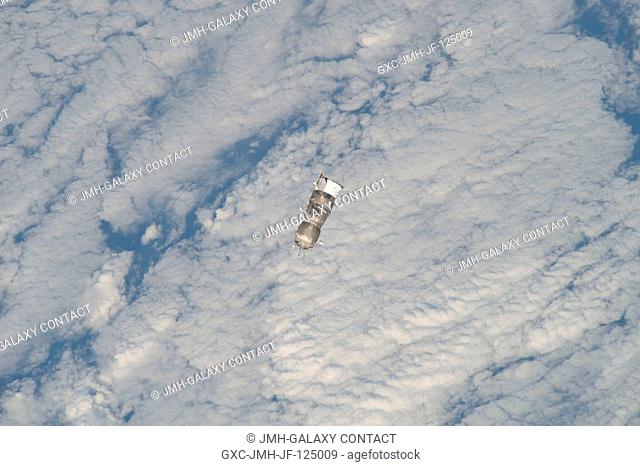 An unpiloted ISS Progress 33 cargo craft approaches the International Space Station. On June 30, the Progress undocked from the station and was commanded into a...