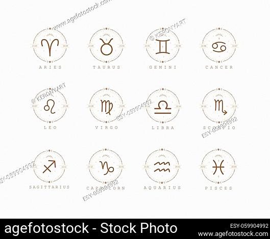 Zodiac signs in boho style. Set of astrological icons isolated on white background. Mystery and esoteric. Horoscope logo vector illustration