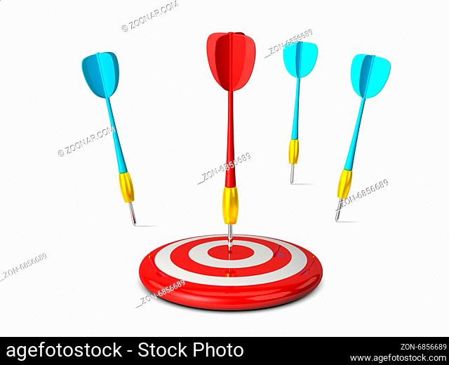 Red plastic dart arrow and target with reflection and failure of others, isolated on white background