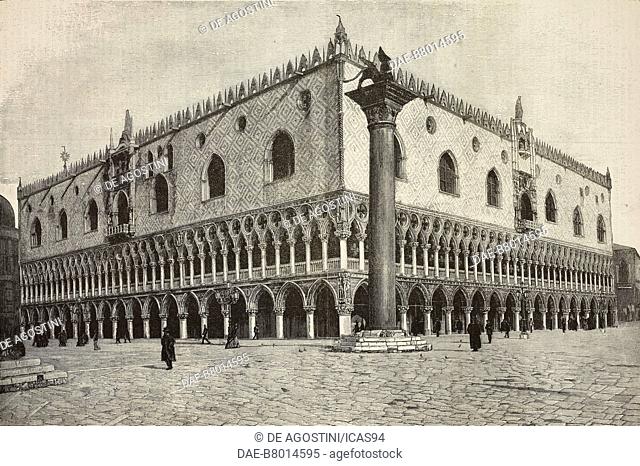 Doge's Palace after the restoration, November 13, 1889, Venice, Italy, engraving from a photograph by G Brusa from L'Illustrazione Italiana, year 16, no 47