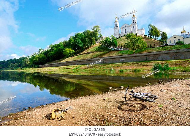 Shallowing of the Western Dvina river bed due to the dry summer, Vitebsk, Belarus