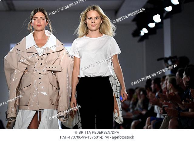 Designer Fatima Danielsson (r), photographed at the fashion presentation of her label at the 'Designer for Tomorrow' show during the Mercedes-Benz Fashion Week...