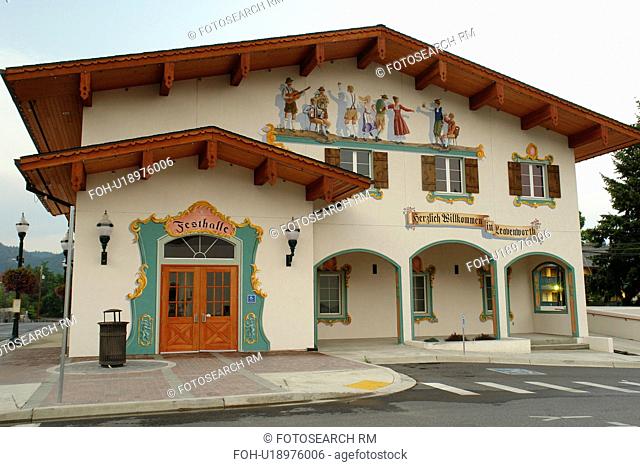 Leavenworth, WA, Washington, Bavarian Alpine Village, Festhalle, fresco, wall mural