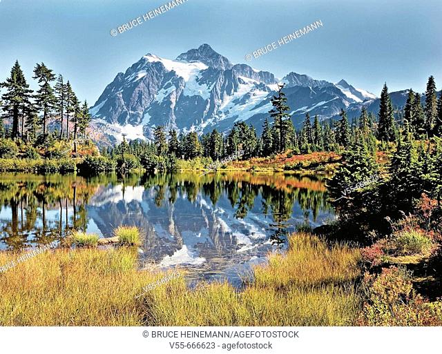 Mt. Shuksan reflecting in Picture Lake at the Mt. Baker Ski Area in the autumn, Washington State, USA