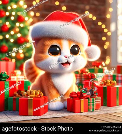 cute kitten wearing santa hat in the gifts and presents at christmas 3d art illustration generative ai