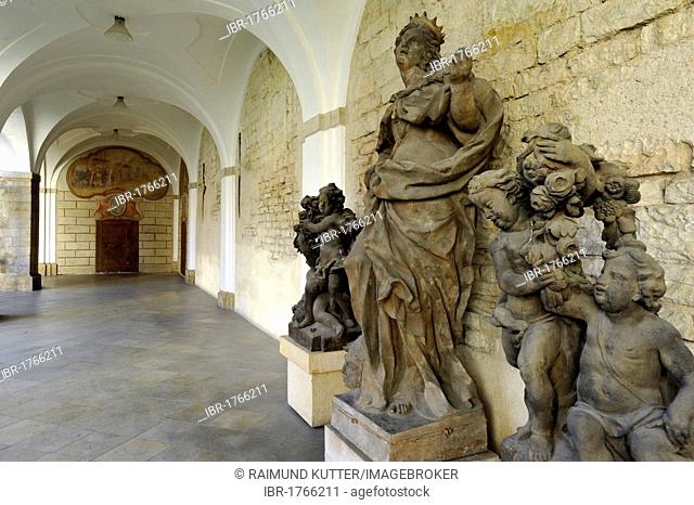 Baroque statues of saints, fresco by Siard Nosecký, cloister, Paradise Courtyard, Strahov Monastery, Prague, Bohemia, Czech Republic, Europe