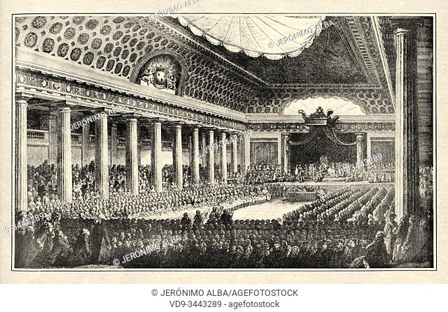Opening of the States General ""Etats Generaux"", Paris, 1789. History of France, old engraved illustration image from the book Histoire contemporaine par...