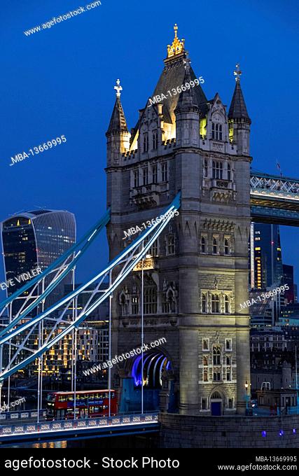 England, London, Tower Bridge and The City of London Skyline at Night