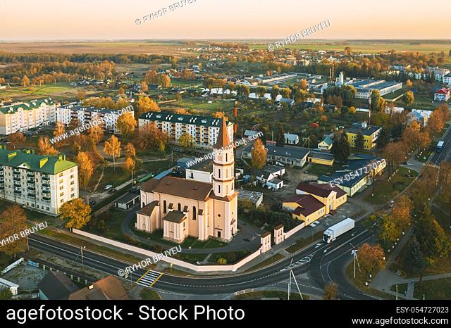 Ruzhany, Brest Region, Belarus. Cityscape Skyline In Autumn Sunny Evening. Bird's-eye View Of And Trinity Church. Famous Historic Landmark