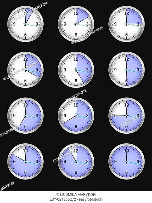 Set of twelve alarms indicating different times