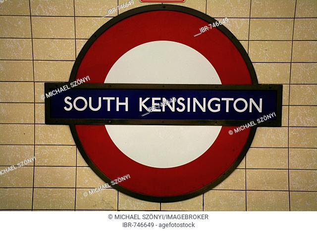 South Kensington tube logo and Underground station, Piccadilly Line, London, England, UK