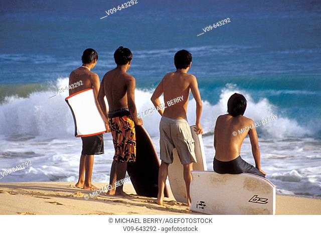 Local boys boogie boarding at Makena Beach