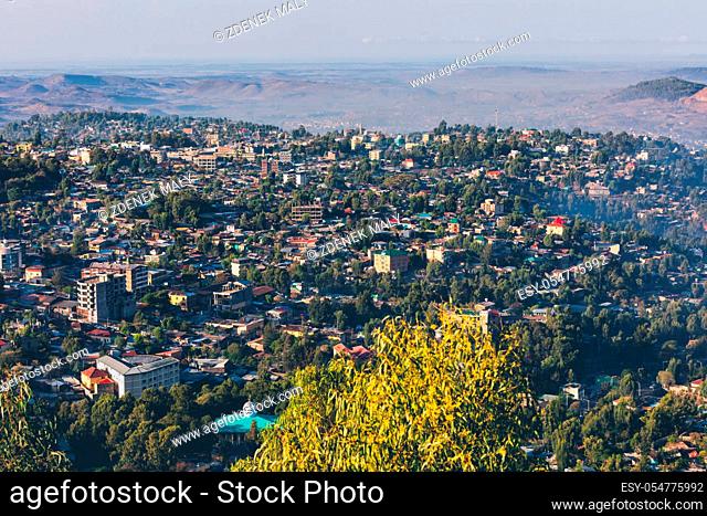 aerial view of city Gondar with Fasil Ghebbi, Royal fortress-city within Gondar, Ethiopia