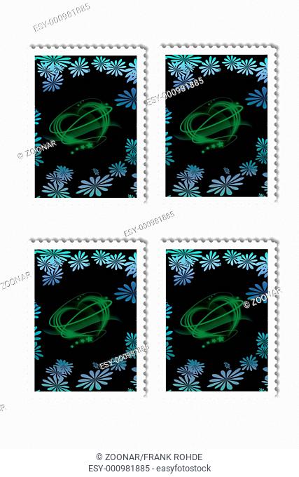 Herz + Blumenmotive in Briefmarkenform