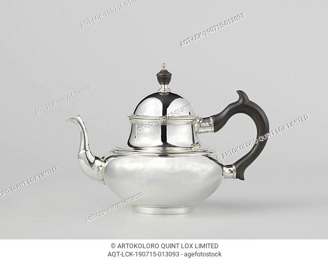 Teapot of silver with handle and lid knob of ebony, Teapot of silver, with ebony handle and lid knob. The wide, round body becomes a tapered neck