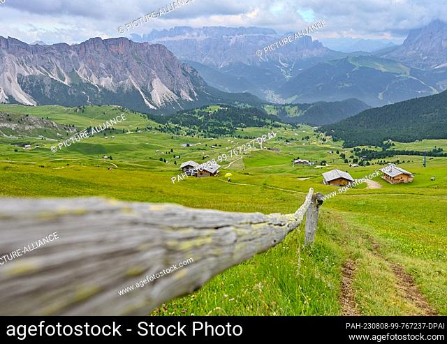21 July 2023, Italy, St. Ulrich: View of the surrounding mountain peaks at the Seceda Alm. The Seceda Alm is located on the sunny side of Val Gardena