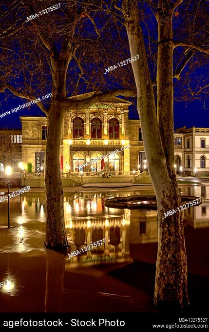 Luipoldpark, gambling house, casino, blue hour, high water, inundated, Bad Kissingen, Franconia, Bavaria, Germany, Europe