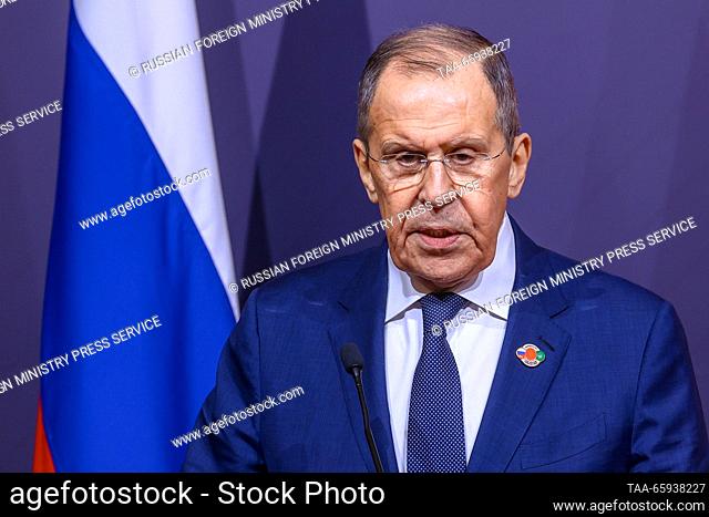 MOROCCO, MARRAKECH - DECEMBER 20, 2023: Russia's Foreign Minister Sergei Lavrov attends a press conference following the 6th plenary session of the Russian-Arab...