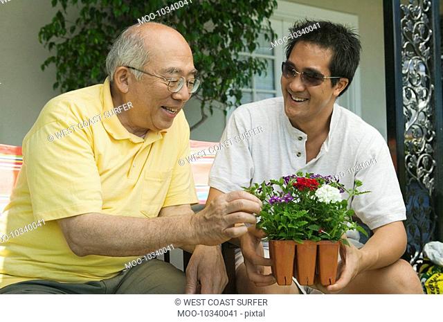 Man holding potted plant talking to father in garden