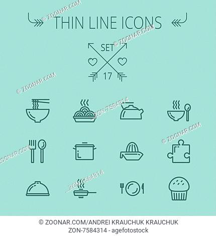 Food thin line icon set for web and mobile. Set includes- cupcakes, spoon and fork, plate, kettle, casserole, hot meal, frying pan icons
