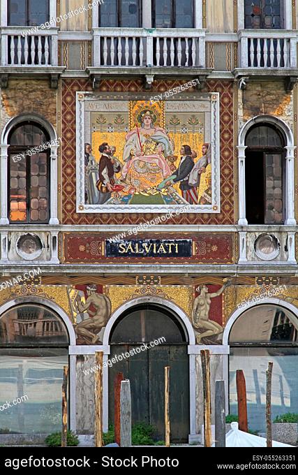 Venice, Italy - July 10, 2011: Salviati Family Home Exterior Facade With Frescoes at Grand Canal in Venice, Italy