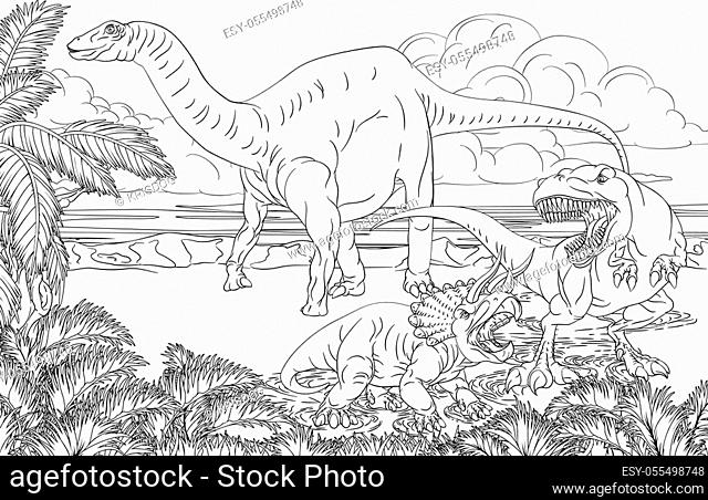 A dinosaur T Rex tyrannosaurus, triceratops and diplodocus or brontosaurus  black and white outline..., Stock Vector, Vector And Low Budget Royalty  Free Image. Pic. ESY-055498748 | agefotostock