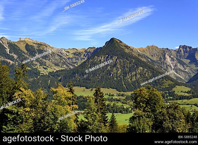 Panoramic view to the mountains near Oberstdorf, Nebelhorn 2224m and Schattenberg 1721m, Allgäu Alps, Allgäu, Bavaria, Germany, Europe