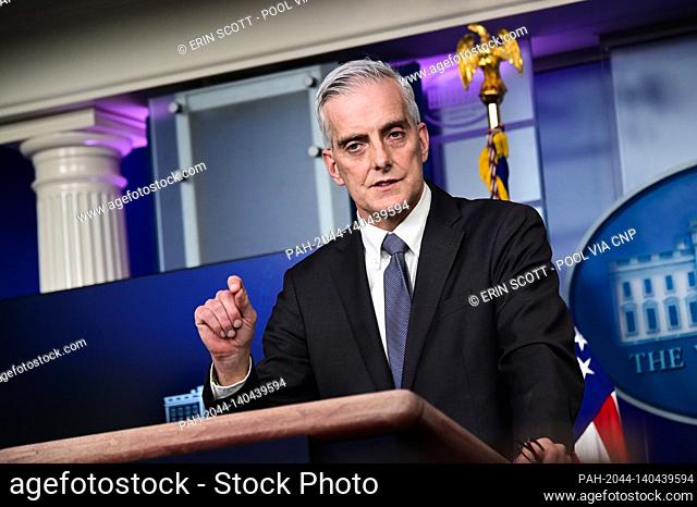 Denis McDonough, secretary of Veterans Affairs (VA), speaks during a news conference in the James S. Brady Press Briefing Room at the White House in Washington
