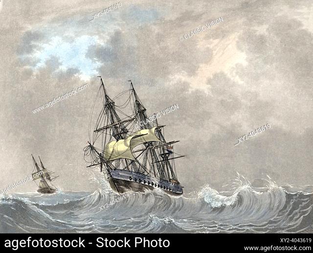 Dutch navy frigate under sail, early 19th century. After a print by Willem Hendrik Hoogkamer from a drawing by Lieutenant van der Hart