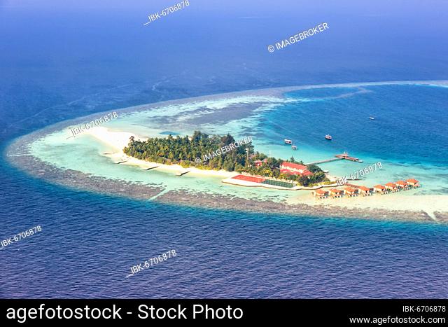 Island holiday paradise sea text free space copyspace Maayafushi Resort Ari Atoll aerial photo tourism in the Maldives
