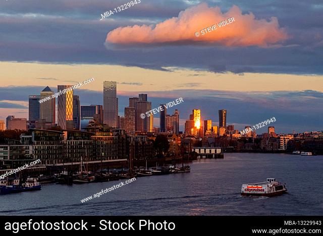England, London, Docklands and Canary Wharf Skyline and River Thames