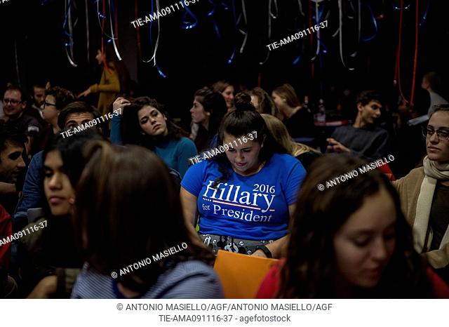 Students and teachers watching USA election results in the Tiber Campus, John Cabot University in Rome, ITALY-09-11-2016