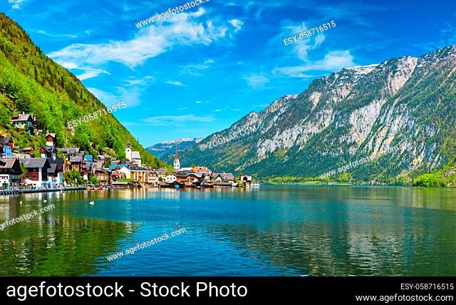Swan in lake against Hallstatt village on Hallstatter See in Austrian alps. Salzkammergut region, Austria