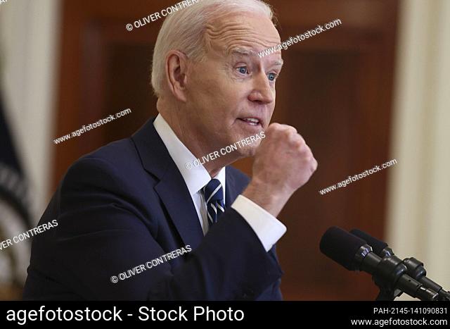 United States President Joe Biden speaks during the first formal press conference of his presidency in the East Room of the White House in Washington, D