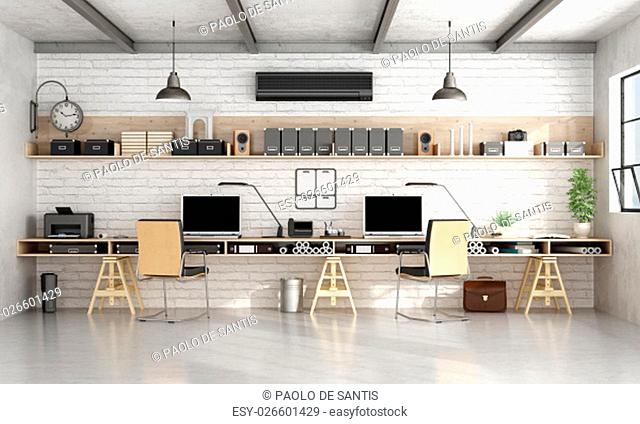 Architecture or engineering workplace office with two workstation in a loft- 3d rendering