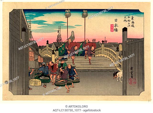 Nihonbashi, Ando, Hiroshige, 1797-1858, artist, [between 1830 and 1858, printed later], 1 print : woodcut, color., Print shows porters carrying bundles across...