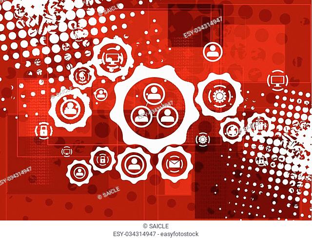 Red grunge hi-tech background with communication icons on gears. Vector design