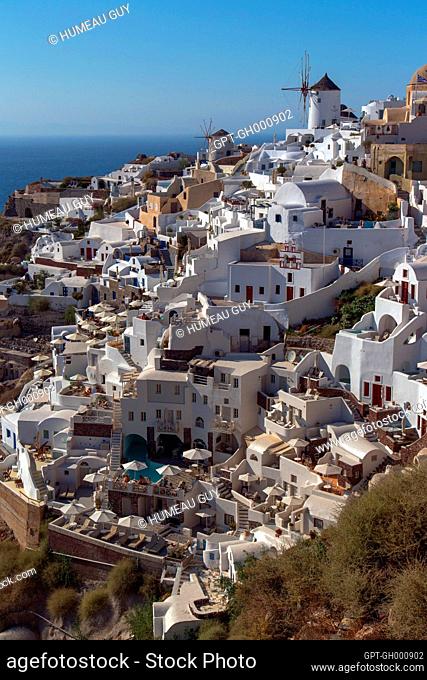 OIA, TRADITIONAL ARCHITECTURE AND ITS WINDMILL, SANTORINI, GREEK ISLE, TYPICAL AND ROMANTIC HIKE, GREECE
