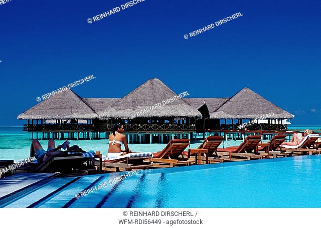 Pool and Beachbar on Maldivian Island, Indian Ocean, Medhufushi, Meemu Atoll, Maldives