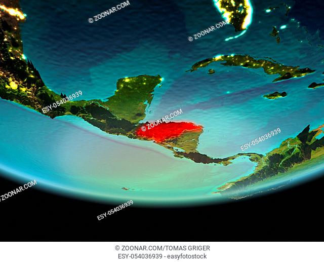 Honduras from orbit of planet Earth at night with highly detailed surface textures. 3D illustration. Elements of this image furnished by NASA