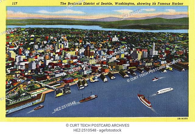 Seattle, Washington, USA, 1942. Vintage linen postcard showing a bird's eye view of the city's business istrict with the harbour in the foreground